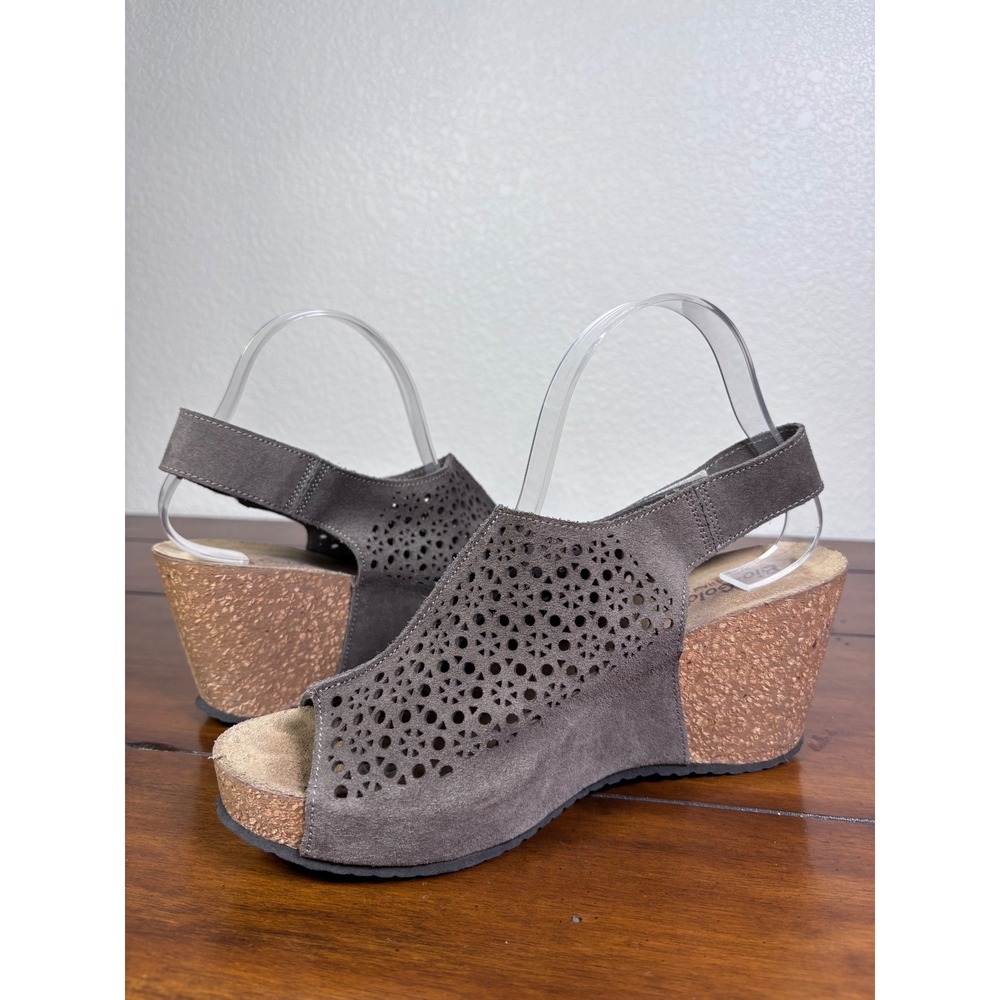 Bio-Gold Wedge Sandals Women 9 Gray Suede Laser Cut Cork Platform Made in Italy - Picture 2 of 10